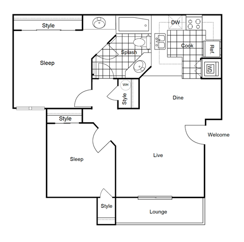 Floor plan for 2 beds, 1 bath, 800 sqft